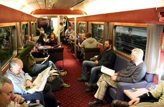 The sleeper lounge car, complete with leather sofas
