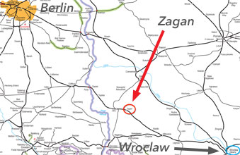 Map of train routes from Berlin & Wroclaw to Zagan in Poland