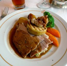 Roast pork dinner in the Britannia restaurant.