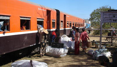 The train to Pyin Oo Lwin (Maymyo) stops at a station