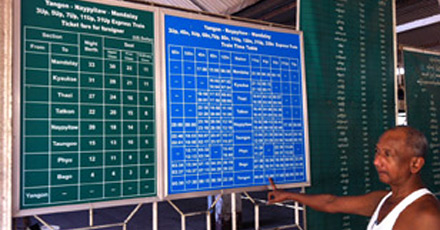 Train timetable and fare information boards at Yangon