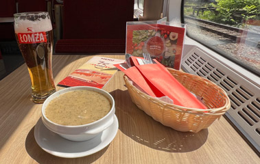 Food in therestaurant car on the Berlin-Krakow train