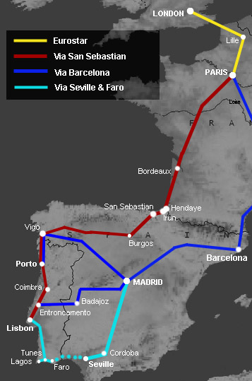 Route map, london to portugal by train