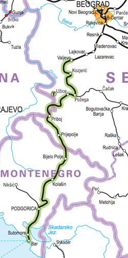 Route map of the Belgrade to Bar railway