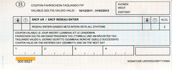 Example of FIP international free travel coupon for rail staff