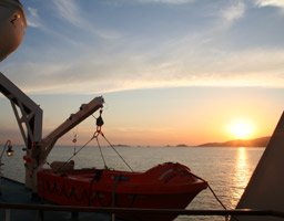 Corsica Ferries' Mega Express II from Nice arrives in Ajaccio at sunset