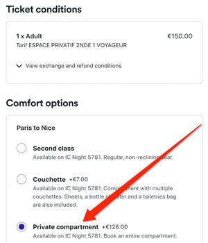 Booking espace privatif in couchettes at Thetrainline.com
