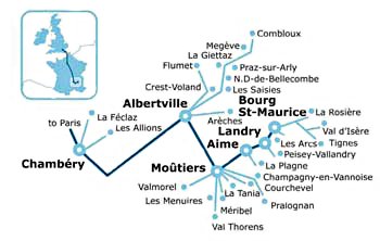 Map of bus transfers to ski resorts from train stations served by Eurostar ski train