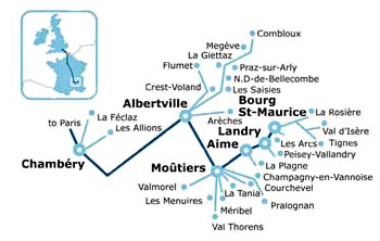 Map of bus transfers to ski resorts from train stations served by Eurostar ski train & Rail Europe Snow Train