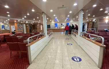 Lounge and reception desk on the ferry to Greece