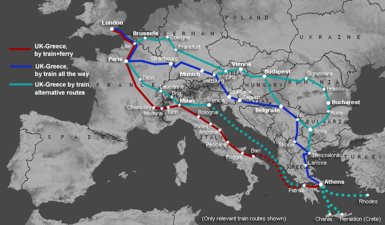 Route map, London to Greece by train