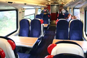Standard class seats on the train to Holyhead