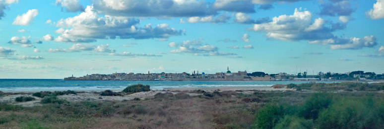 The view of the old city on the sea as the train approaches Akko