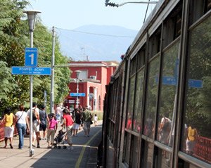 Circumvesuviana train arriving at Pompei Scavi station.