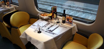 Restaurant car of a tilting 'Pendolino' train from Geneva to Milan.