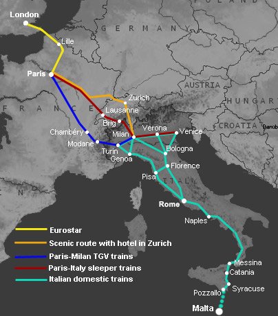 Route map, London to Malta by train & ferry