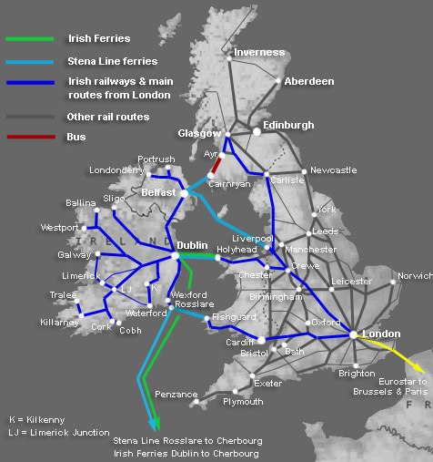 Britain to Ireland train & ferry route map