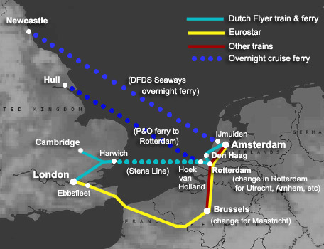 Route map, London to Amstersam by train or ferry