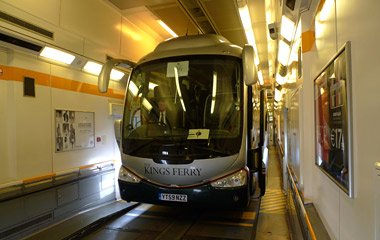 The Folkestone to Calais road coach on board the Eurotunnel shuttle train inside the Channel Tunnel