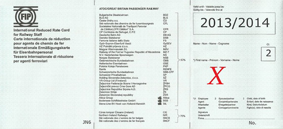 Example of FIP international reduced rate card for rail staff priv travel in Europe