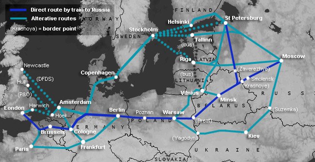 Route map, London to Moscow & St Petersburg by train