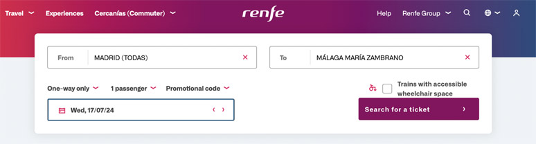 Renfe ticket website screenshot
