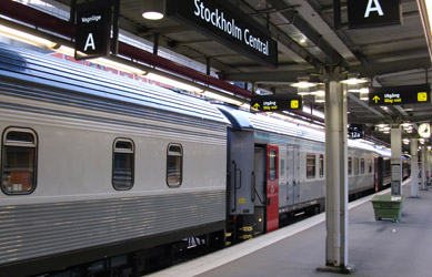 The Stockholm to Lulea sleeper train about to leave Stockholm Central