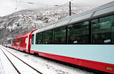 The Glacier Express train seen at Brig, Switzerland