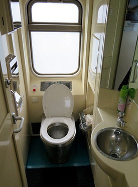A clean western toilet on the 'Rossiya' train to Vladivostok