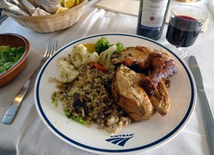 Chicken and rice dinner in the diner on Amtrak