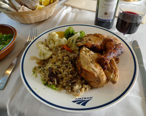 Chicken & rice dinner on Amtrak.