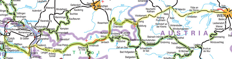 Zurich to Innsbruck, Salzburg & Vienna train route map