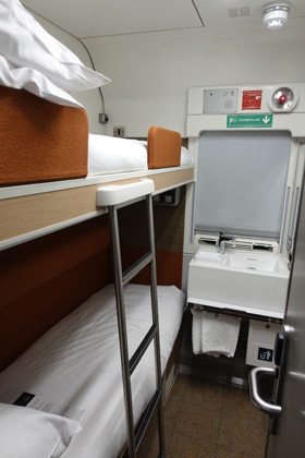 Caledonian Sleeper Club room, set up as a twin berth