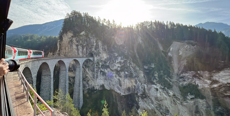Looking back as the Glacier Express crosses the Landwasser Viaduct