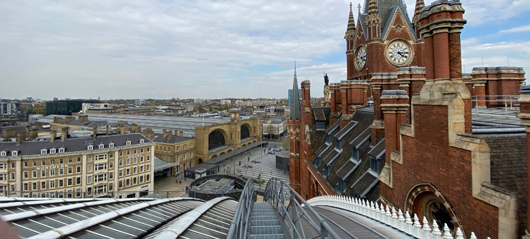 View of Kings Cross from the Barlow trainshed roof at St Pancras
