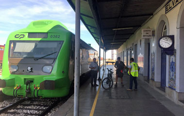 The railcar stops at Elvas station in Portugal...