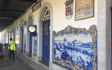 The railcar stops at Elvas station in Portugal...