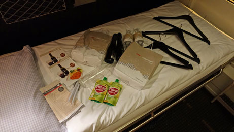 Goodies on the bed in a Nightjet sleeper