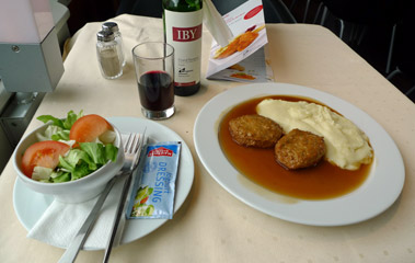 Meal in an Austrian restaurant car on a Munich-Verona train