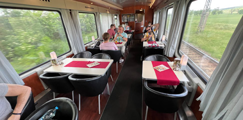 Restaurant car on Prague to Budapest traiin