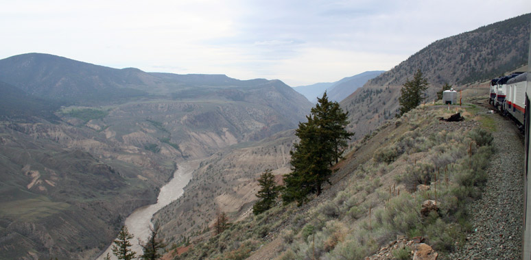 Rocky Mountaineer further along the Fraser River canyon