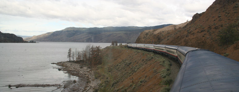 Rocky Mountaineer runs along Kamloops Lake