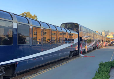 Silver leaf and gold leaf cars on the Rocky Mountaineer