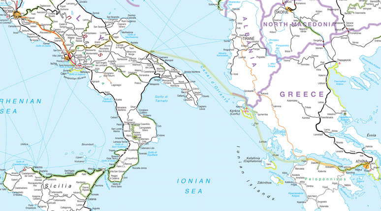 Rome to Athens train & ferry route map