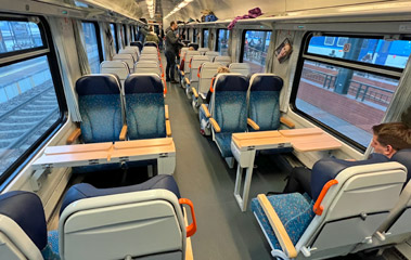 2nd class open saloon seats on EuroCity train from Prague to Warsaw