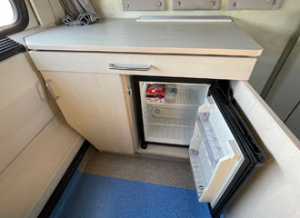 Fridge & table in a Turkish sleeper on the Sofia-Istanbul train