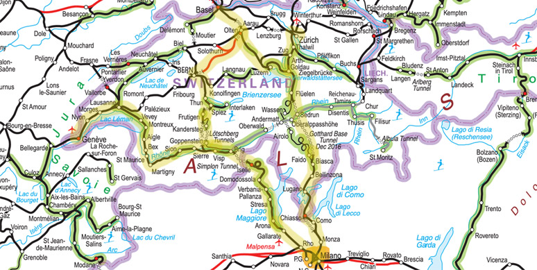 Switzerland to Milan train route map