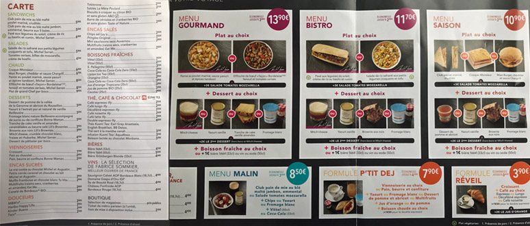 Typical TGV bar menu