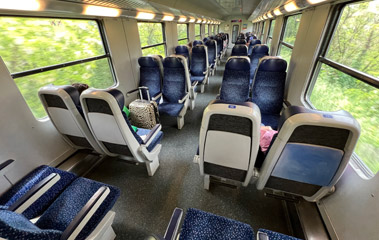 Seats in an Austrian regional car on a Vienna-Bratislava train