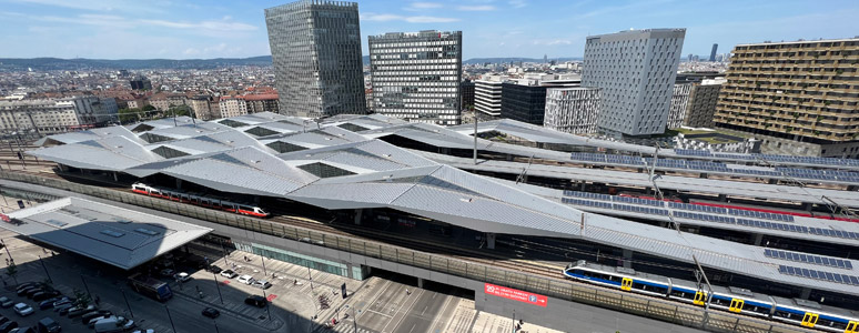 View over Vienna Hbf from 15th floor of Motel One